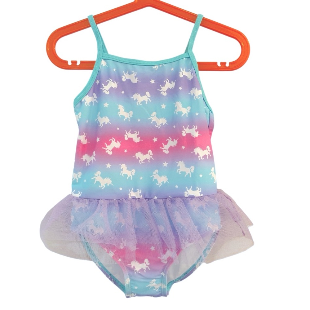 Toddler Girls Unicorn Print Mesh Ruffle One Piece Swimsuit